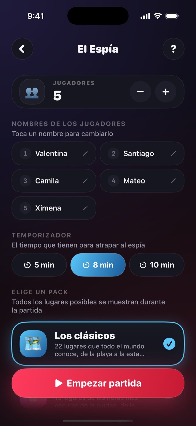 Pantalla de configuración de El Espía en Dronk: los jugadores, el temporizador de 5, 8 o 10 minutos, el pack de lugares y el botón Empezar partida