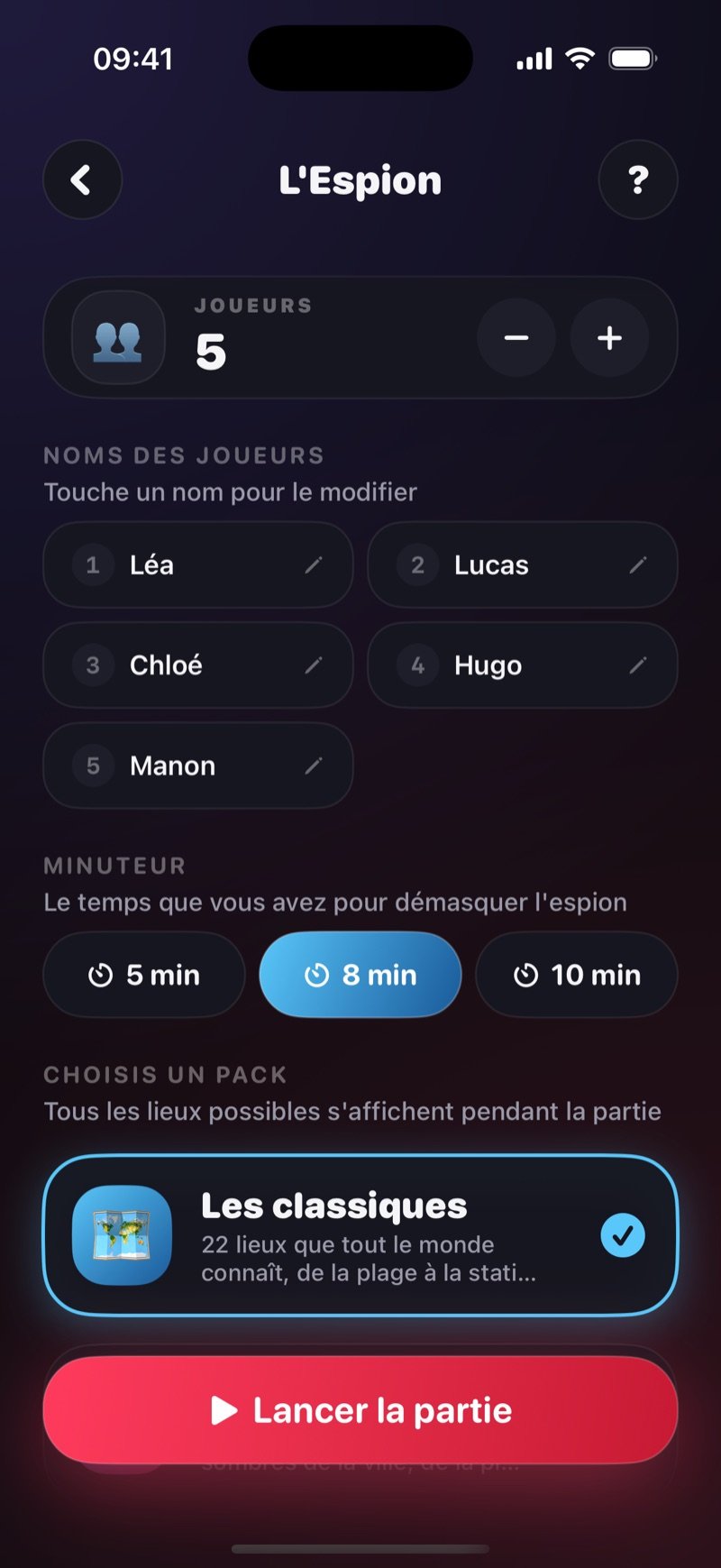 L'écran de mise en place de l'Espion dans Dronk : 5 joueurs nommés Olivia, Jake, Mia, Tyler et Sophie, les options de chrono 5, 8 et 10 min avec 8 sélectionné, le pack The Classics sélectionné, et un bouton Start Game (capture de la version anglaise)