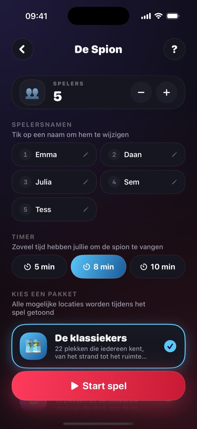 Setup-scherm van De Spion in Dronk: 5 spelers met de namen Olivia, Jake, Mia, Tyler en Sophie, timeropties 5, 8 en 10 min met 8 geselecteerd, het pakket The Classics geselecteerd, en een Start Game-knop (screenshot van de Engelse versie)