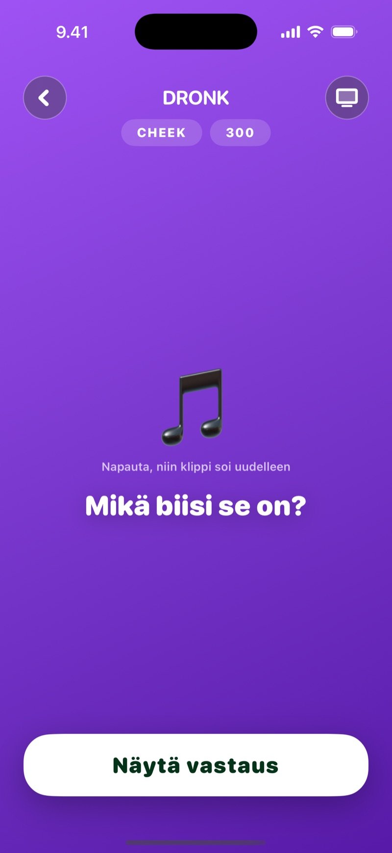 Avattu ruutu Taulussa: artistin nimi ja pistearvo, iso nuotti-ikoni ja teksti Napauta, niin klippi soi uudelleen, kysymys Mikä biisi se on? sekä Näytä vastaus -painike