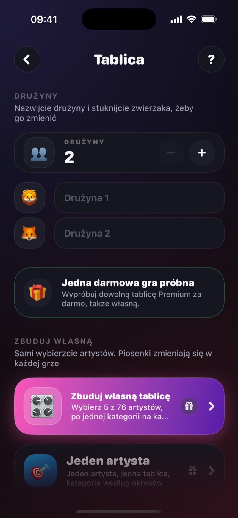 Ekran ustawień Tablicy: licznik Teams na 2 z polami nazw Team 1 i Team 2 oraz sekcja Build your own z opcjami Build your own board (pick 5 of 52 artists) i One artist (categories by era) (zrzut z wersji angielskiej)