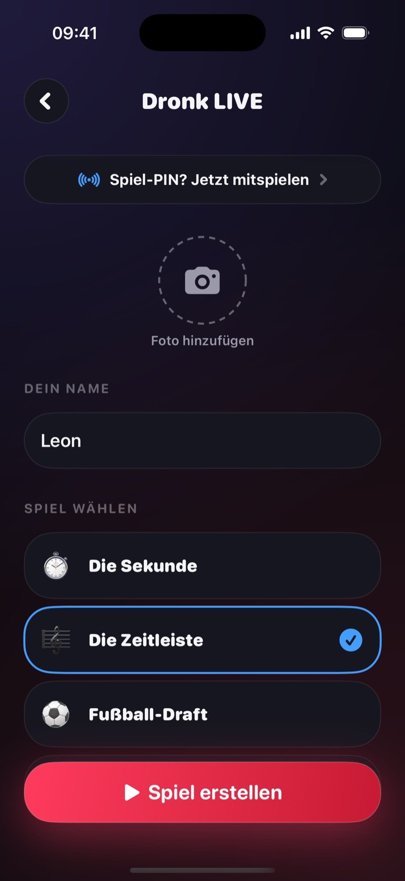 Der Erstellen-Bildschirm von Dronk LIVE: eine Zeile Got a game pin? Join the game, ein Kreis Add photo, der Name Jacob und eine Liste Pick a game mit der Zeitleiste angehakt über einem Button Create game