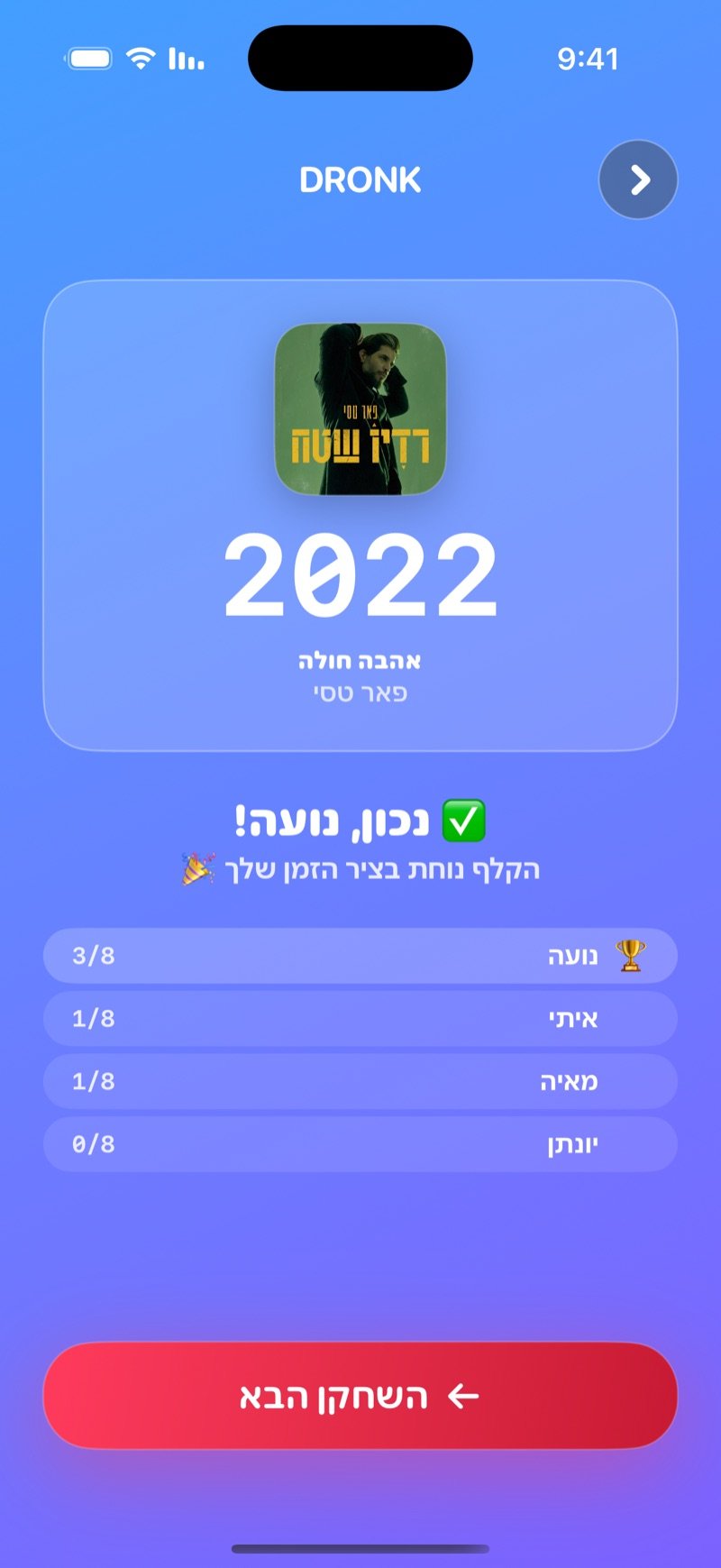 החשיפה בציר הזמן: שנה גדולה מעל שם השיר והאמן, הודעה שהקלף נוחת בציר הזמן, טבלת הניקוד של כל השחקנים מתוך 8 וכפתור השחקן הבא