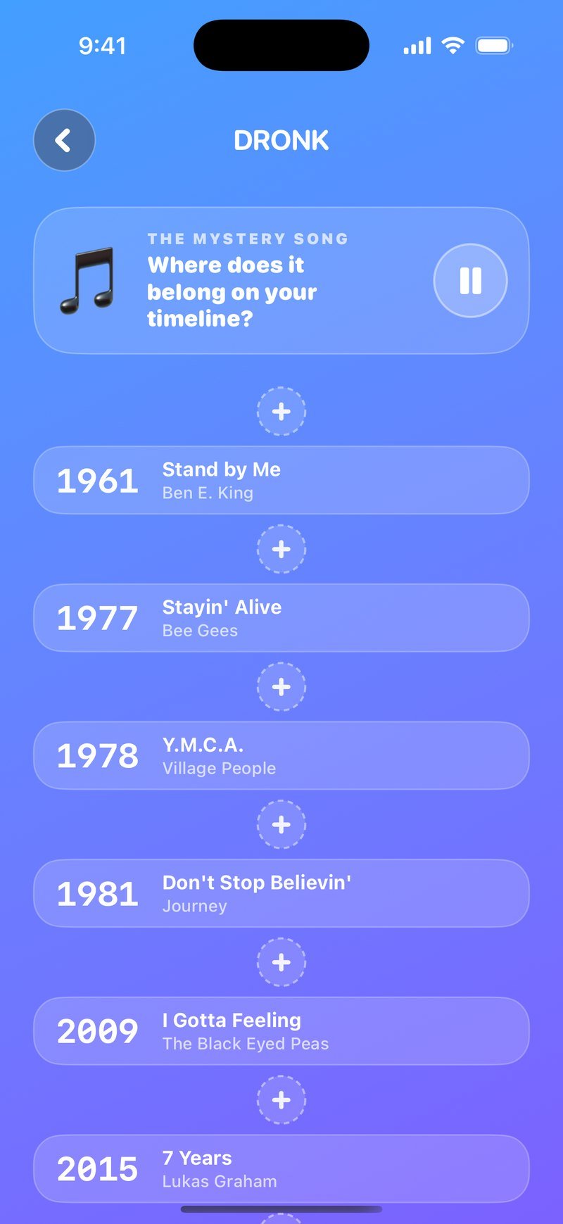 The Timeline in the Dronk app: placing a song in the right year on the timeline