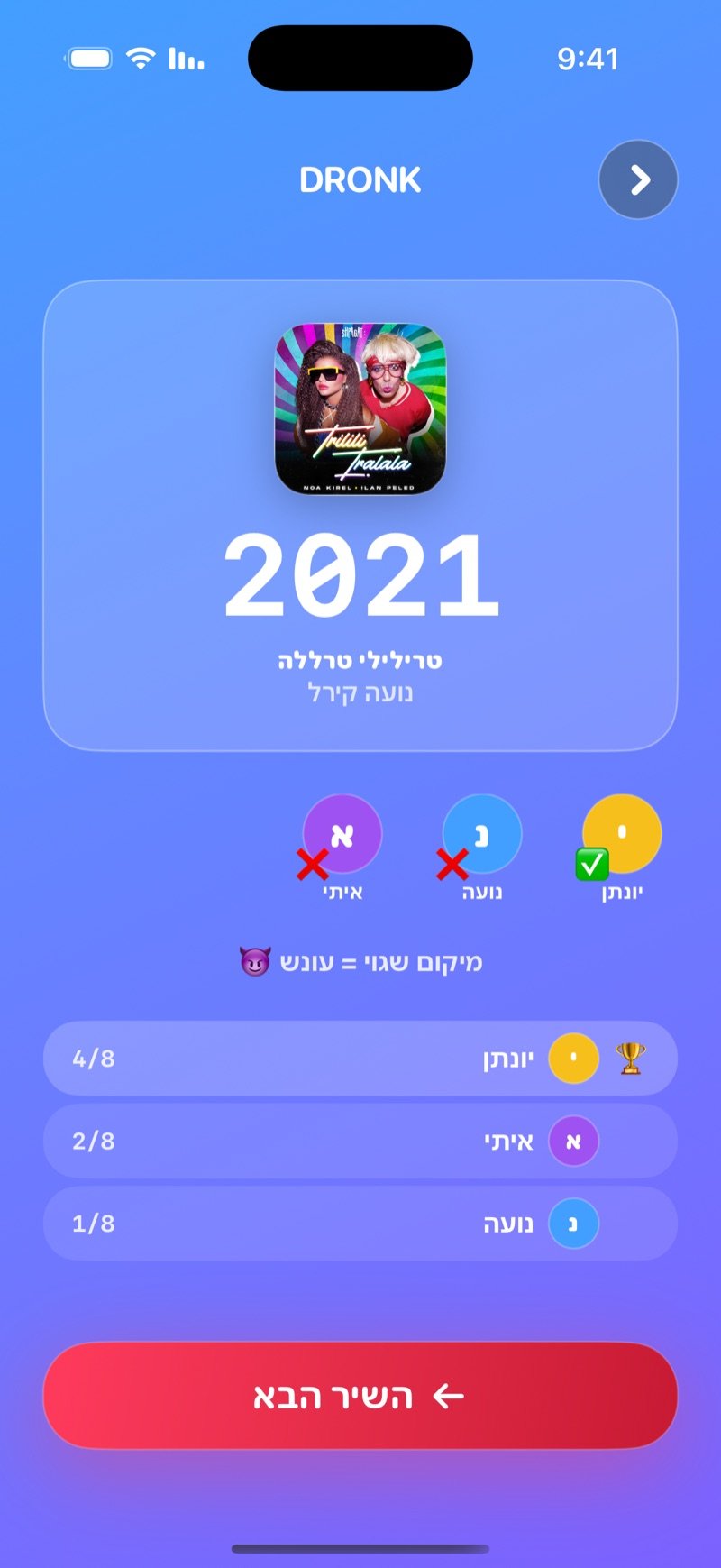 החשיפה בציר הזמן LIVE: השנה מעל שם השיר והאמן, תמונות השחקנים, הטקסט מיקום שגוי = עונש, טבלת הניקוד מתוך 8 וכפתור השיר הבא