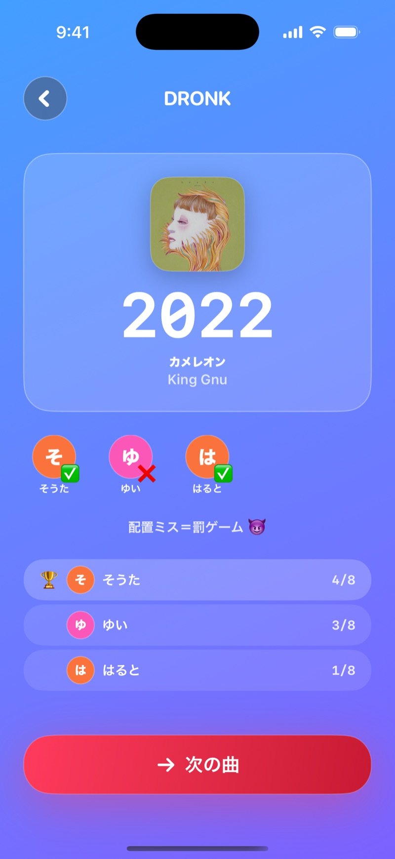 タイムラインのLIVEの答え合わせ：Bee GeesのStayin' Aliveの上に1977、Jacob、Emma、Oscarのアバター、Wrong placement = penaltyの文、順位Jacob 4/8、Oscar 3/8、Emma 1/8とNext songボタン（英語版の画面）