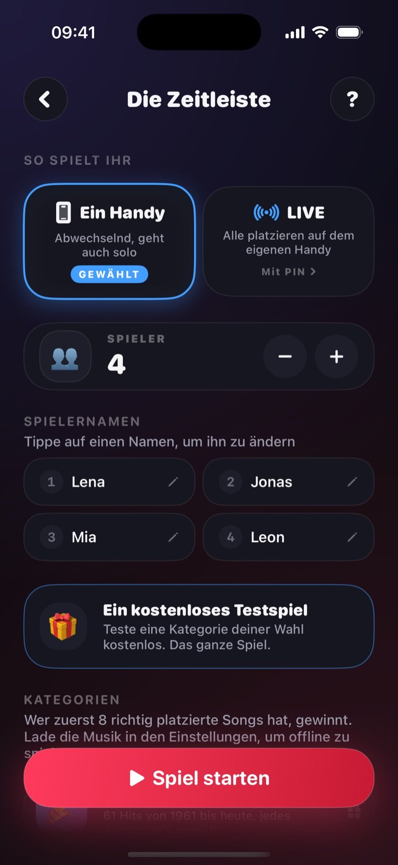 Der Setup-Bildschirm der Zeitleiste: One phone ausgewählt neben LIVE, ein Spielerzähler auf 4, die Namen Olivia, Jake, Mia und Tyler und der Button Start Game