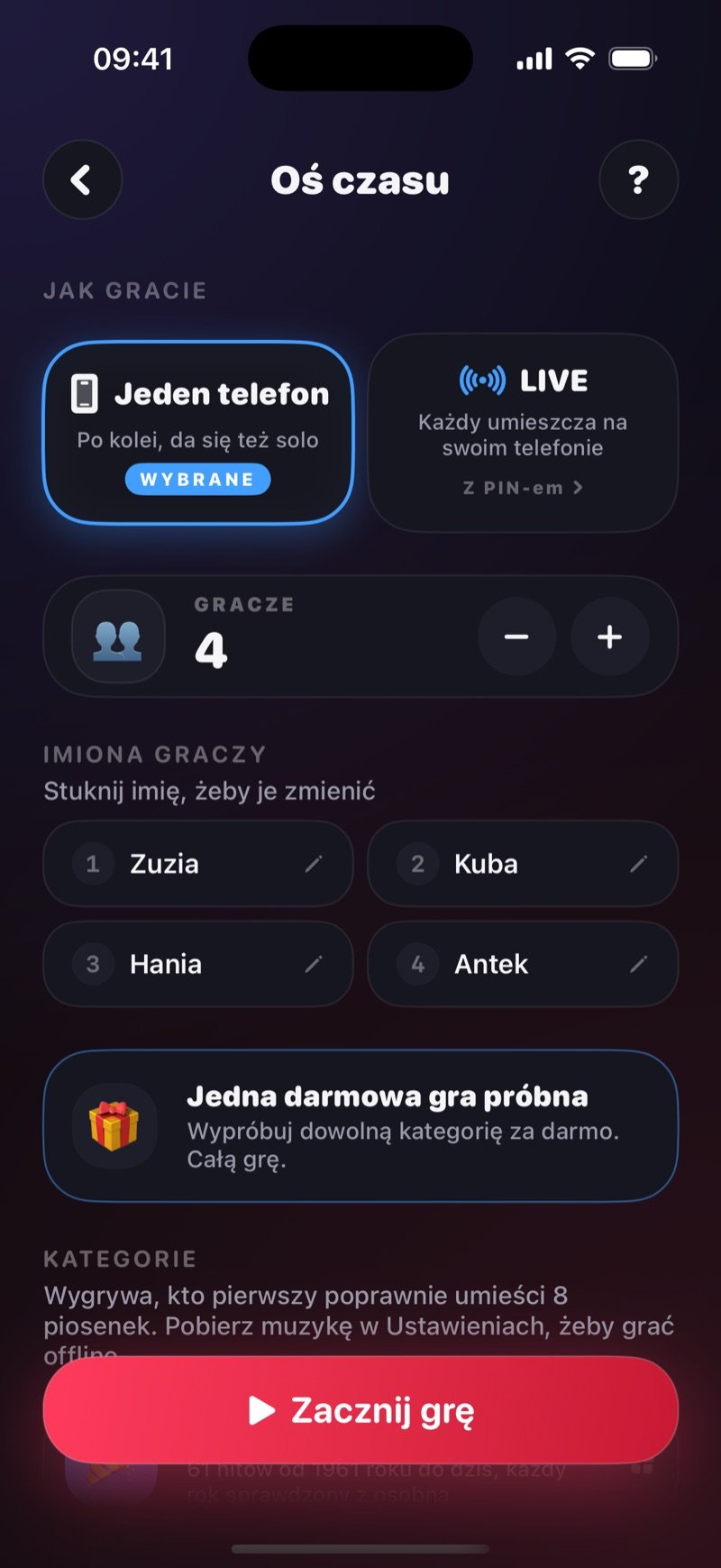 Ekran ustawień Osi czasu: wybrane One phone obok LIVE, licznik graczy na 4, imiona Olivia, Jake, Mia i Tyler oraz przycisk Start Game (zrzut z wersji angielskiej)