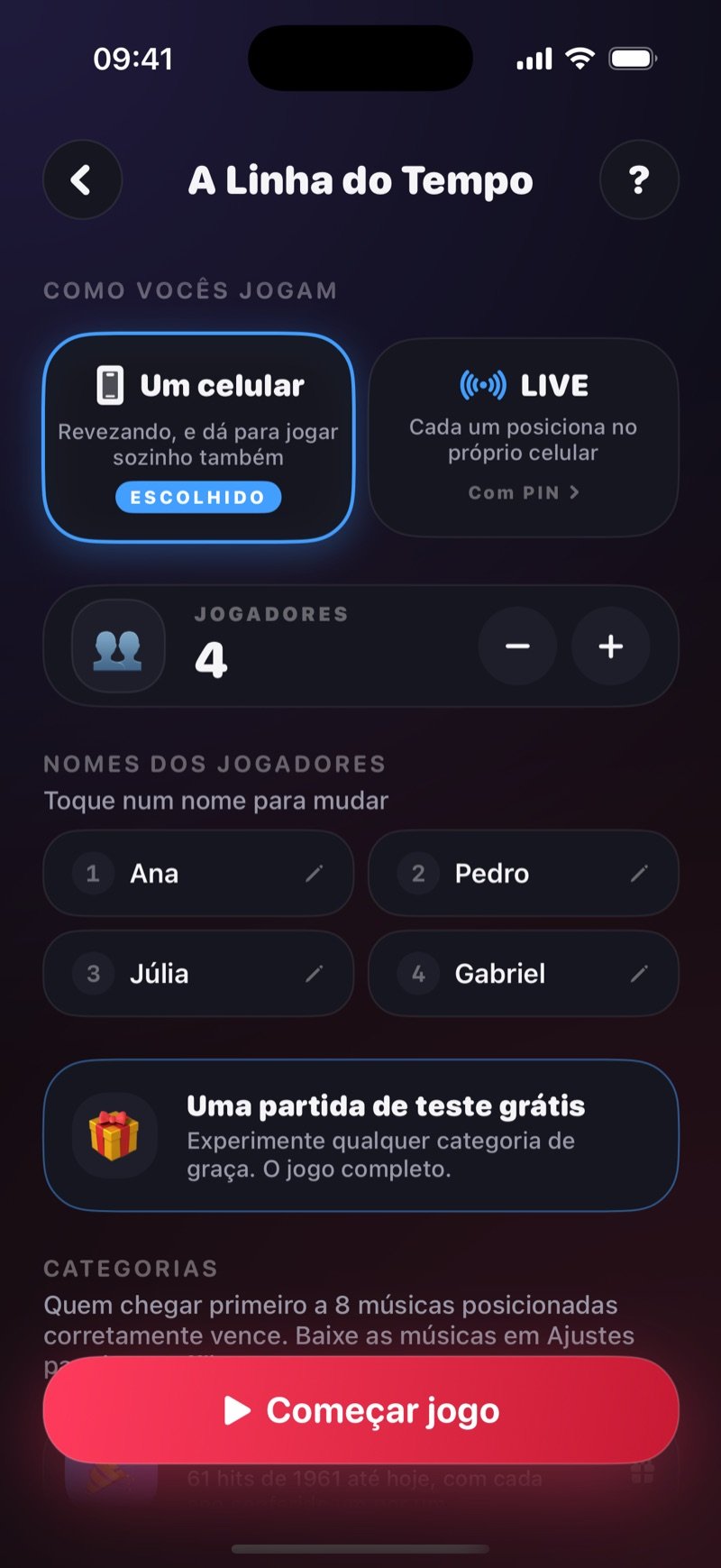 A tela de preparação da Linha do Tempo: One phone selecionado ao lado de LIVE, contador de jogadores em 4, os nomes Olivia, Jake, Mia e Tyler e o botão Start Game (captura da versão em inglês)