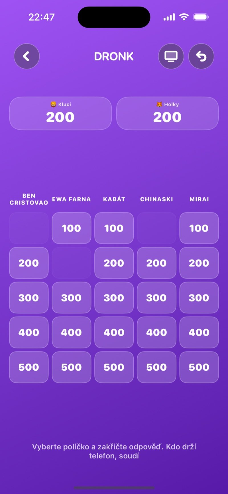 Tabule v Dronku: hudební kvízová tabule s políčky od 100 do 500 bodů